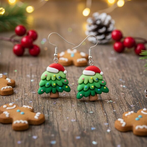 Festive Christmas Tree Earrings 🎄 Resin 18K White Gold Plated Ear Needles 🎅 - Picture 8 of 10